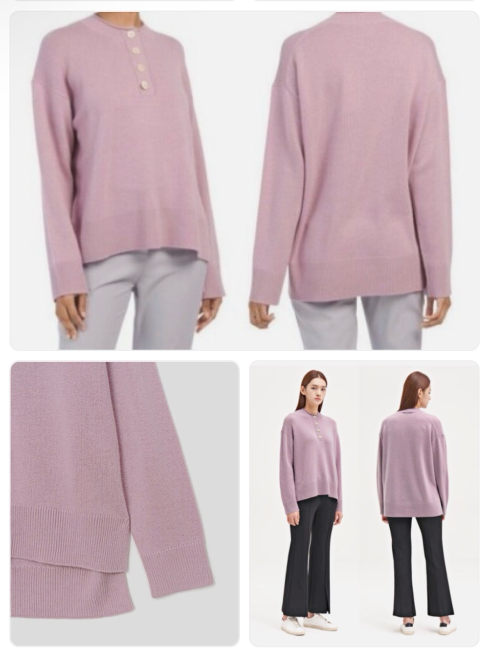 Theory Wild Lilac Cashmere Button-Neck Crew Sweater